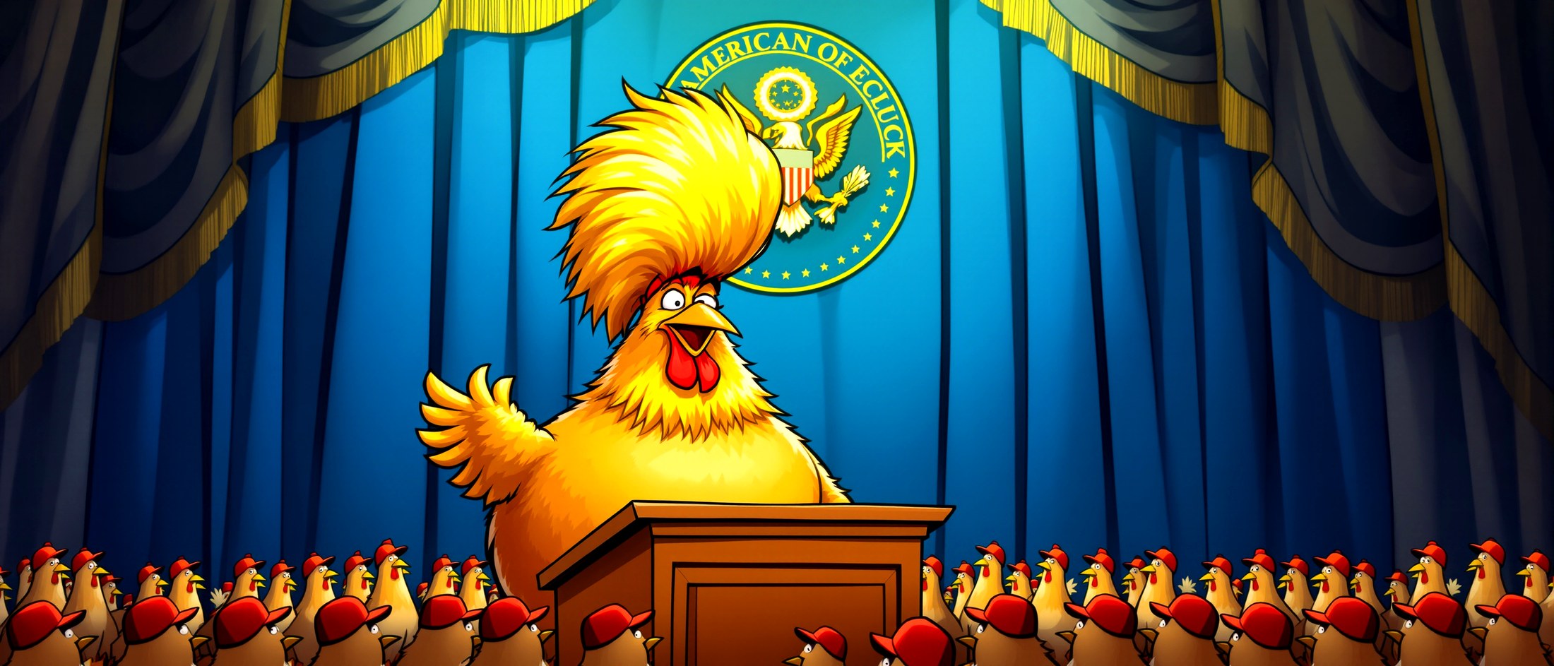 Rooster mascot at podium (parody fan art)